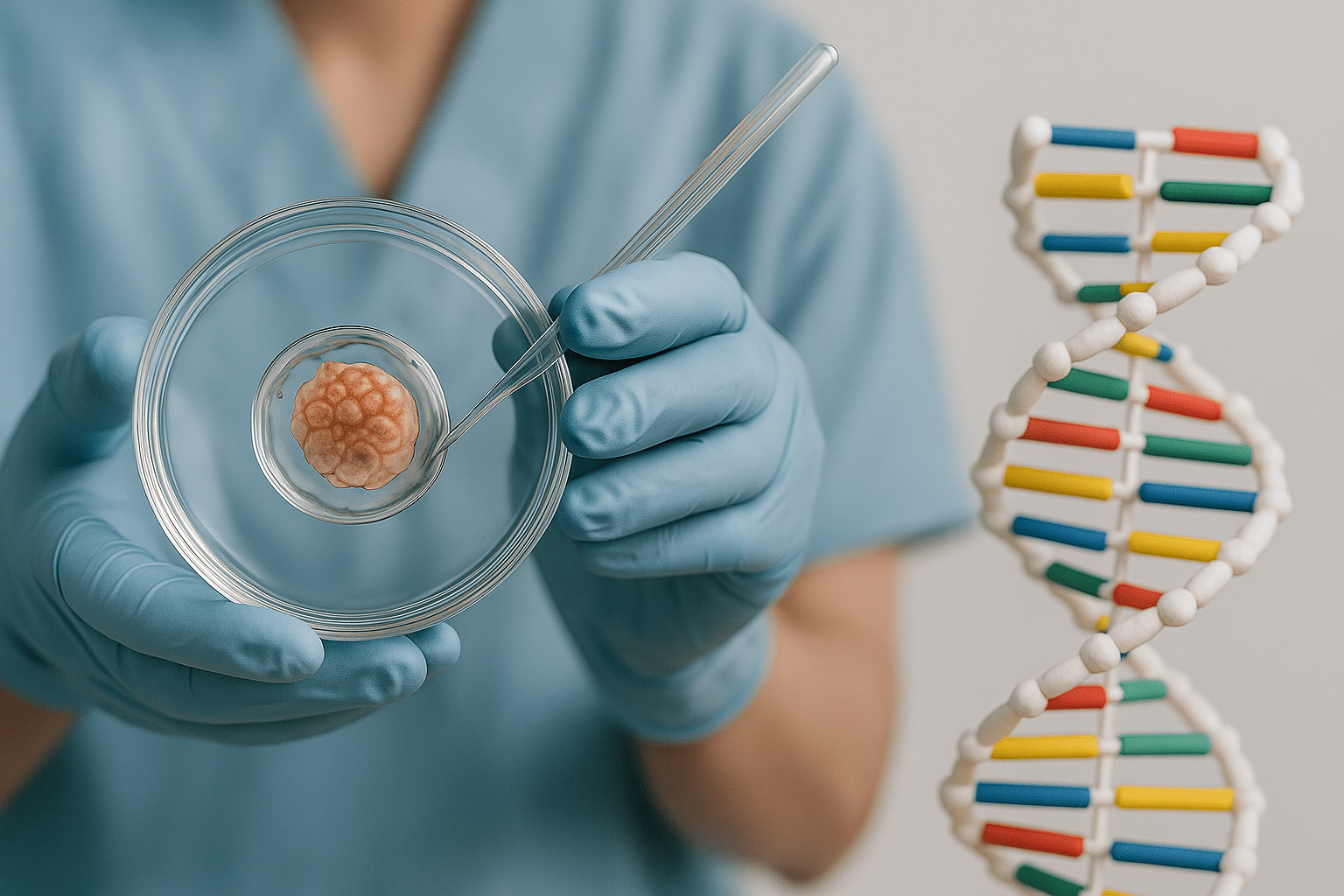 Lab specialist in blue scrubs demonstrates IVF at RMA of Michigan, handling embryo model near DNA helix, highlighting fertility care.