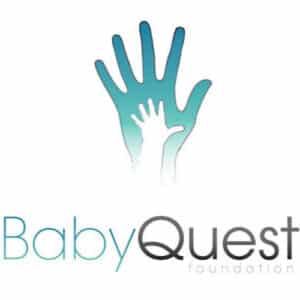 BabyQuest logo featuring a mint-green adult hand with a smaller child’s hand inside it on the left, paired with the word “BabyQuest” on the right—“Baby” in thin mint outline lettering and “Quest” in bold black—set on a clean white background.